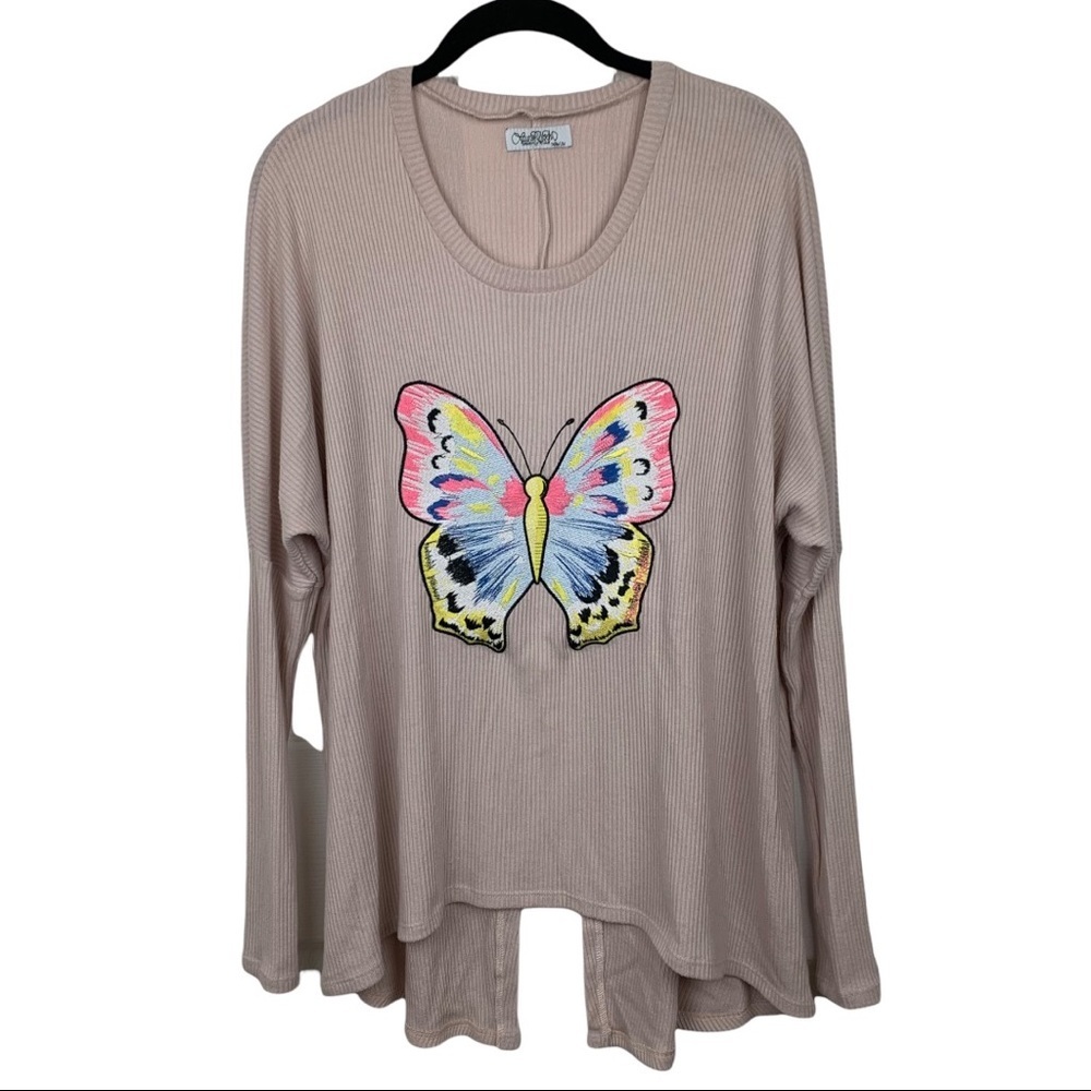 Lauren Moshi Long Sleeve Ribbed Embroidered Butterfly Top XS/S